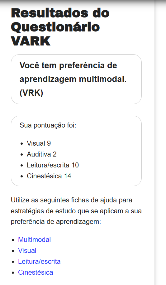 Resultado do meu teste VARK