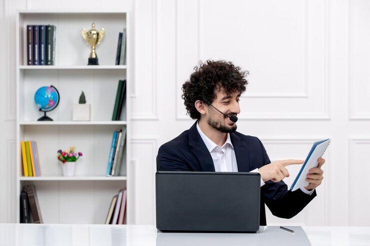 customer service cute brunette guy in office suit with computer and headset smiling and reading