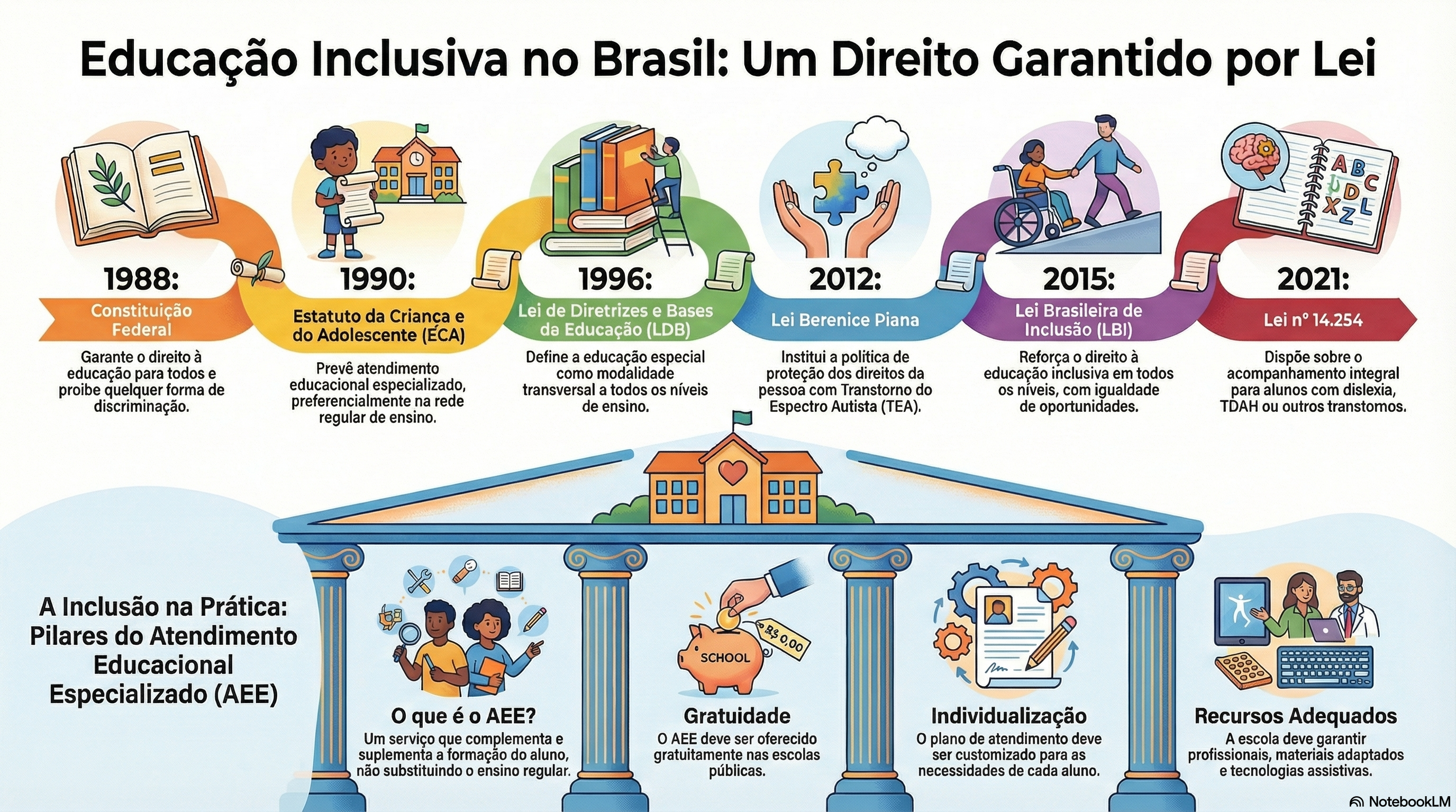 Infográfico de Leis de Educação Inclusiva no Brasil.