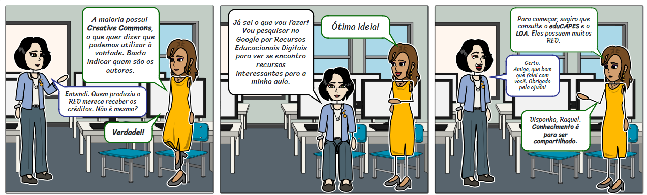 Uma professora ajuda a outra explicando o que são Repositórios de Recursos Educacionais Digitais.