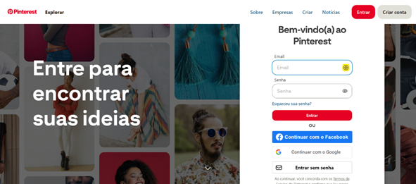 A imagem exibe a página inicial da Plataforma Pinterest.