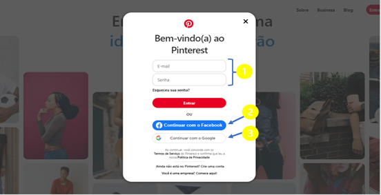 A imagem demonstra como acessar o Pinterest.