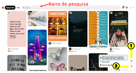 A imagem aponta onde encontrar a Barra de Pesquisa, a Central de Ajuda e Criar seus Pins.