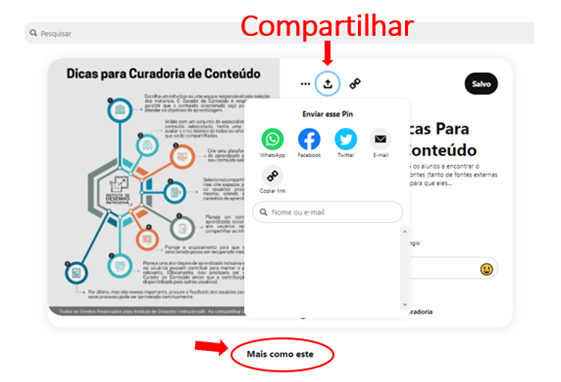 A imagem apresenta as formas de compartilhamento de um Pin no Pinterest.