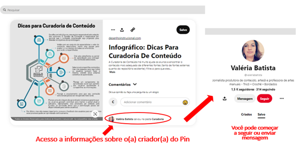A imagem apresenta onde acessar informações sobre o(a) autor(a) do Pin.