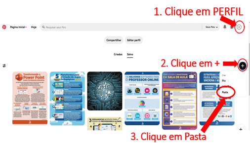 A imagem mostra os passos para criar Pastas no Pinterest.