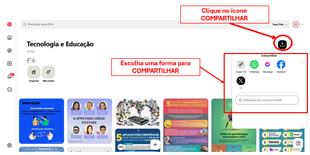 A imagem mostra o ícone de compartilhar Pastas e as formas de compartilhar