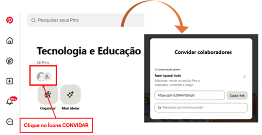 A imagem indica onde convidar colaboradores para a Pasta compartilhada.