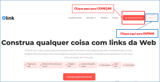 A imagem indica os locais onde devemos clicar para acessar o Elink.io.