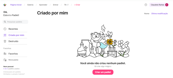 A imagem mostra a página inicial do usuário logado no Padlet.