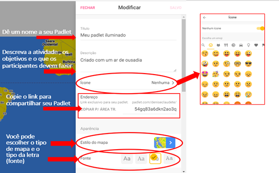 A imagem mostra informações de como personalizar um Padlet.