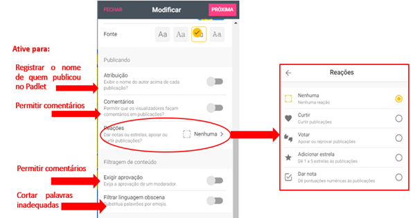 A imagem mostra as opções de personalização do Padlet.