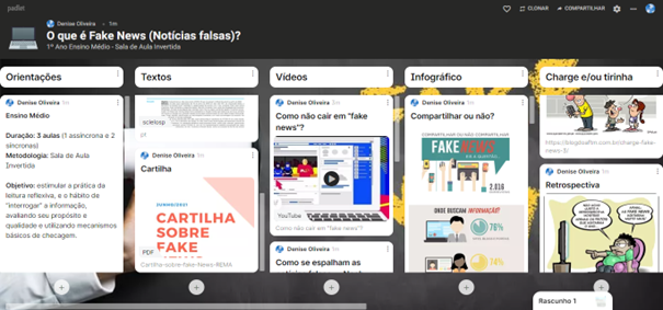 A imagem mostra um Padlet elaborado sobre o tema Fake News como exemplo de curadoria com o Padlet.