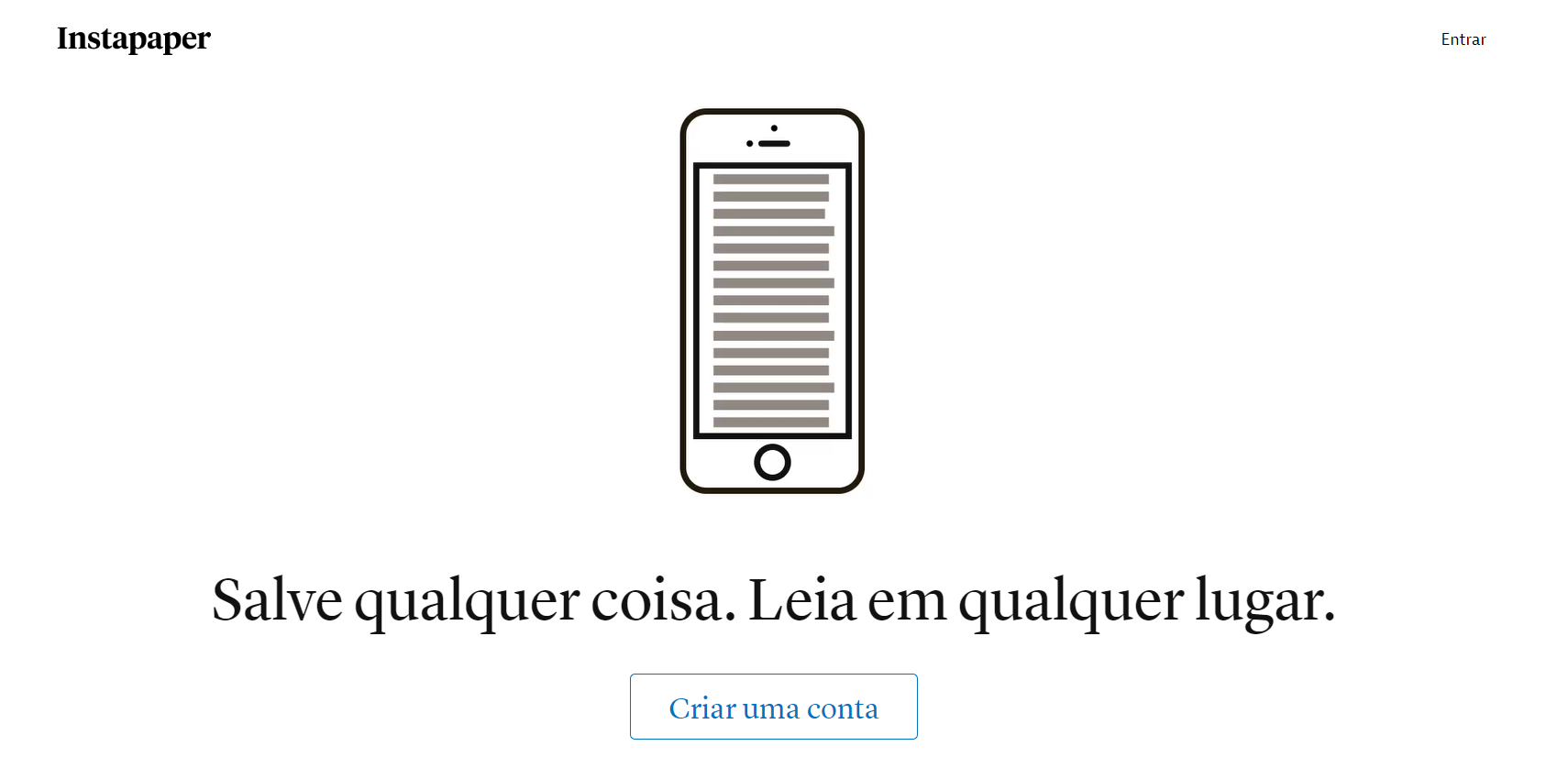 A imagem apresenta a Página inicial do Instapaper.