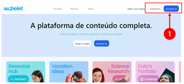 A imagem apresenta a Página inicial do Wakelet, destacando o local onde se faz o login.
