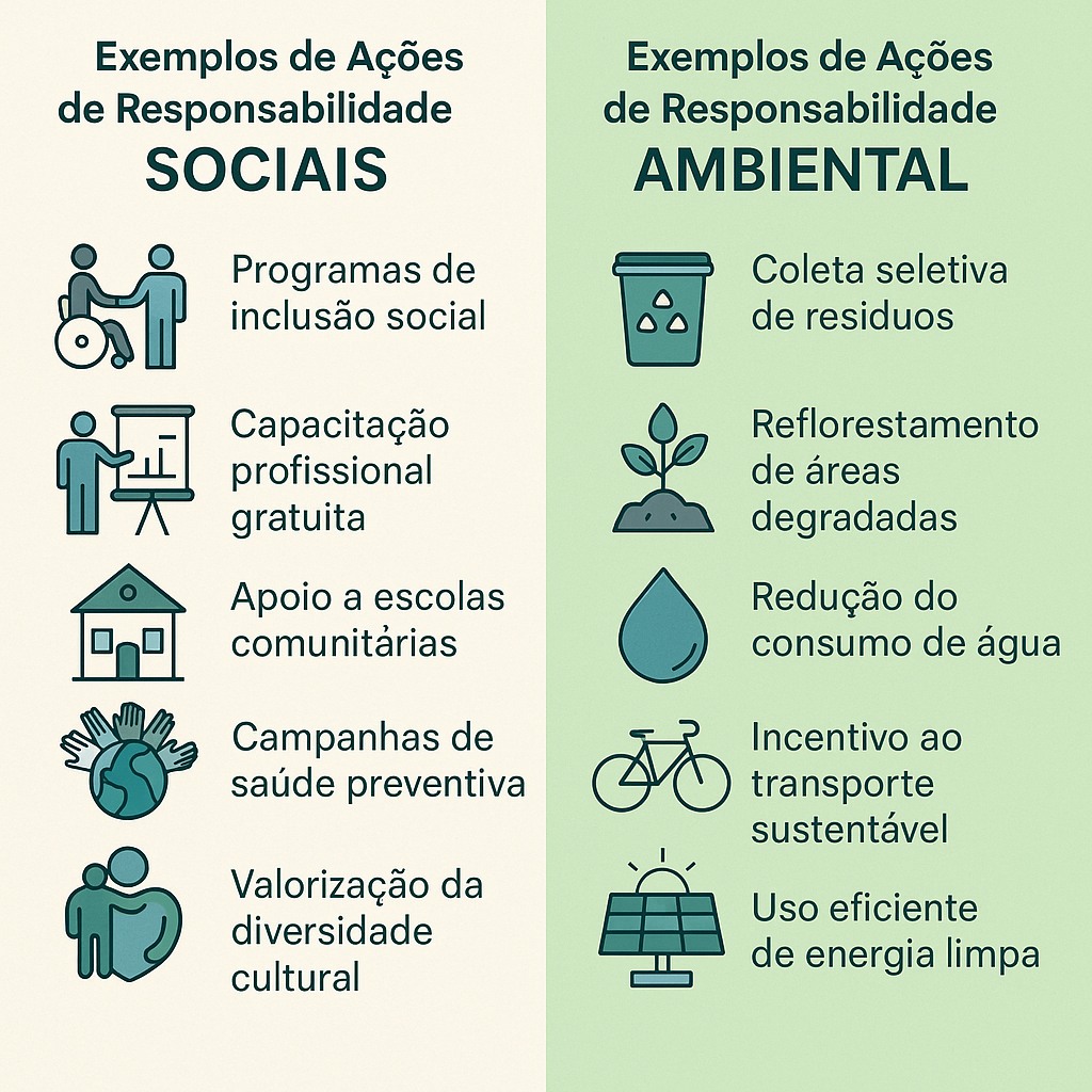 Um painel dividido em duas colunas, com ícones representando as ações sociais (à esquerda) e as ambientais (à direita).