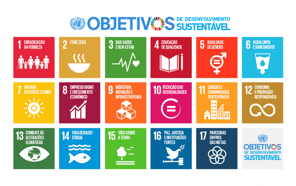 Imagem oficial que apresenta os 17 ODS (Objetivos de Desenvolvimento Sustentável)