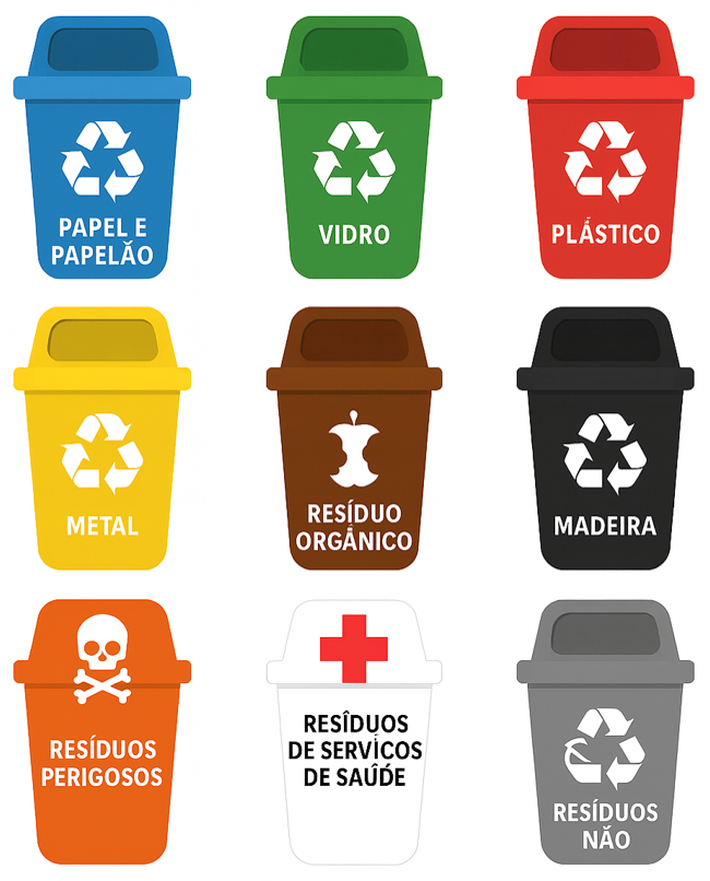 Lixeiras com cores específicas para cada tipo de resíduo
