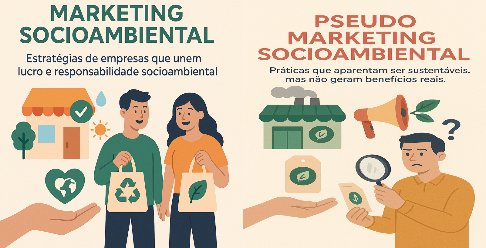 Infográfico compara marketing socioambiental (empresa sustentável) e pseudo, com fachada verde poluente e selo enganoso.