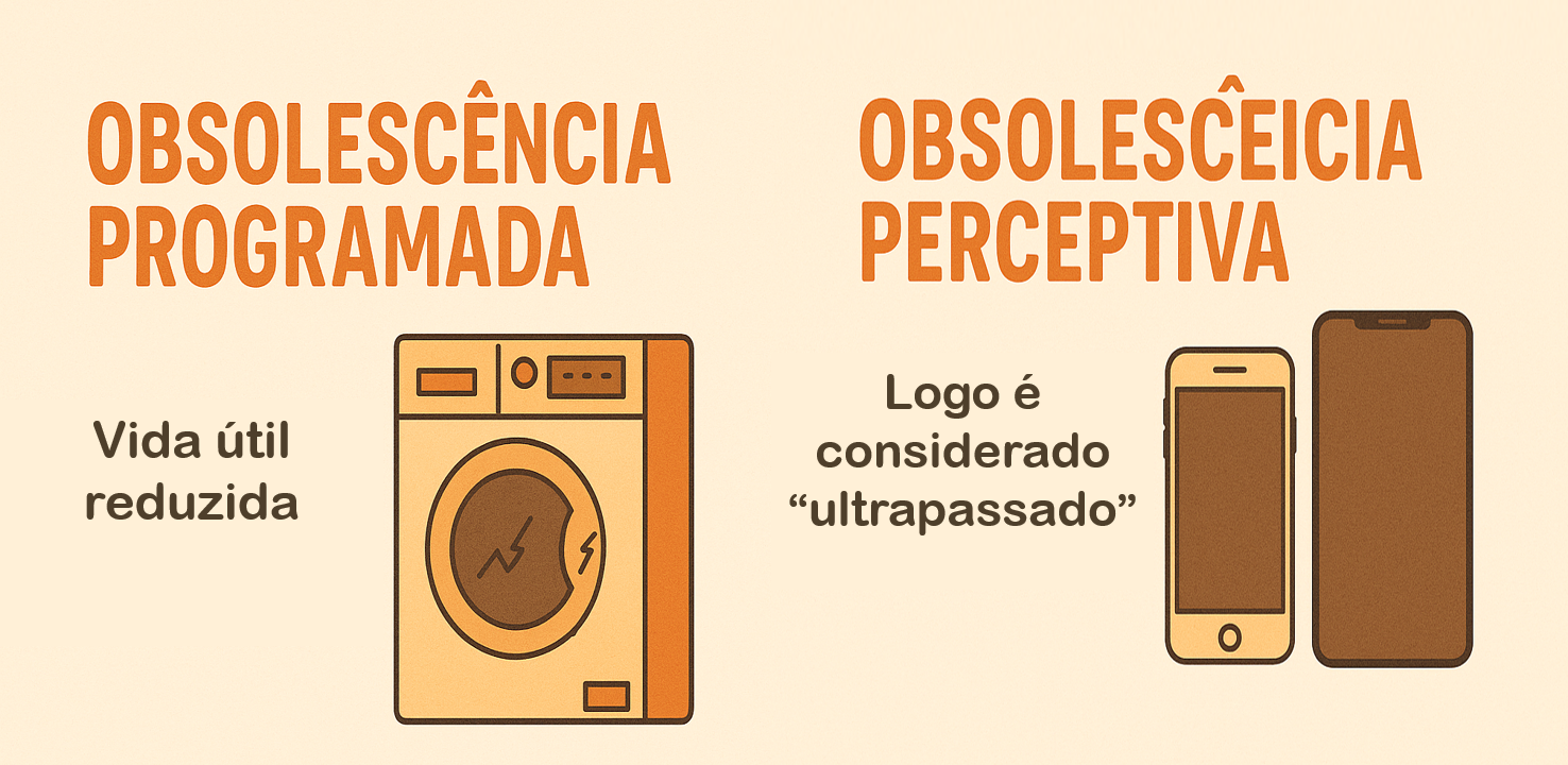 Infográfico mostrando dois conceitos: obsolescência programada, com máquina quebrada, e perceptiva, com celular antigo e novo